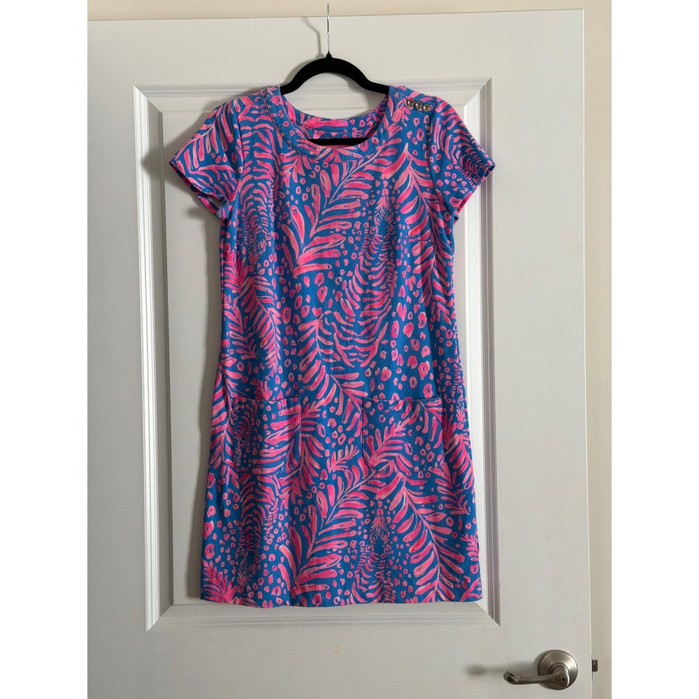 Lilly Pulitzer Palm Animal Print Button Shoulder Blue Pink Small